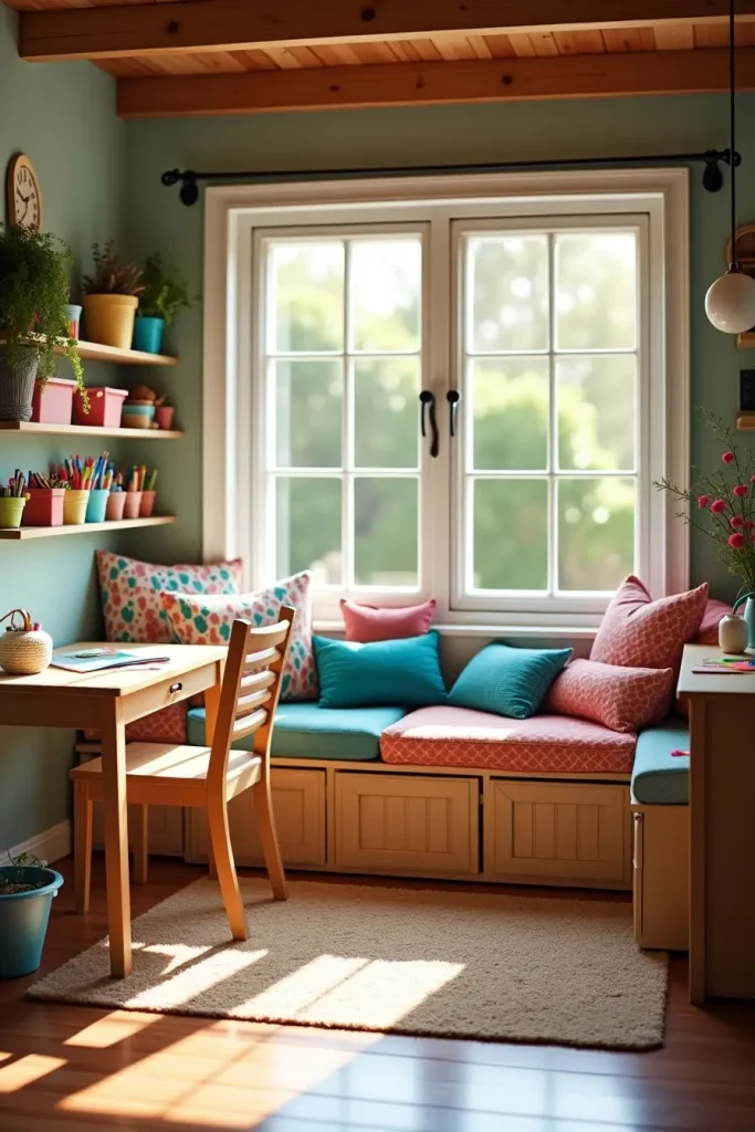 Family workspace with kids’ reading nook, craft table, storage bins, and small desk in cheerful style.
