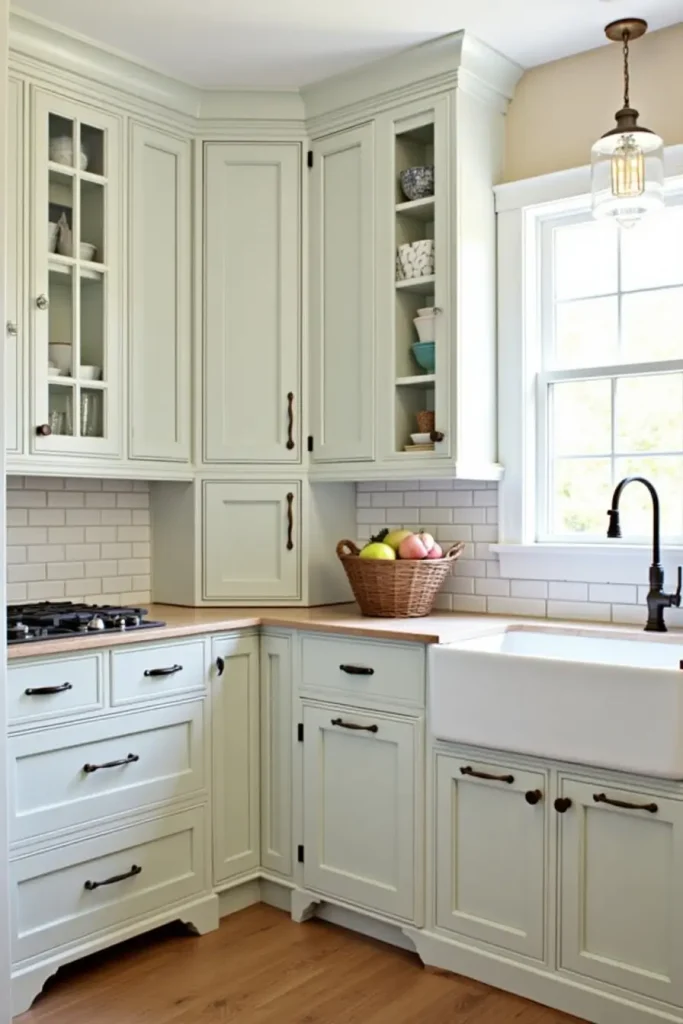 Farmhouse kitchen with white oak cabinets, sage accents, shiplap backsplash, and bronze hardware.
