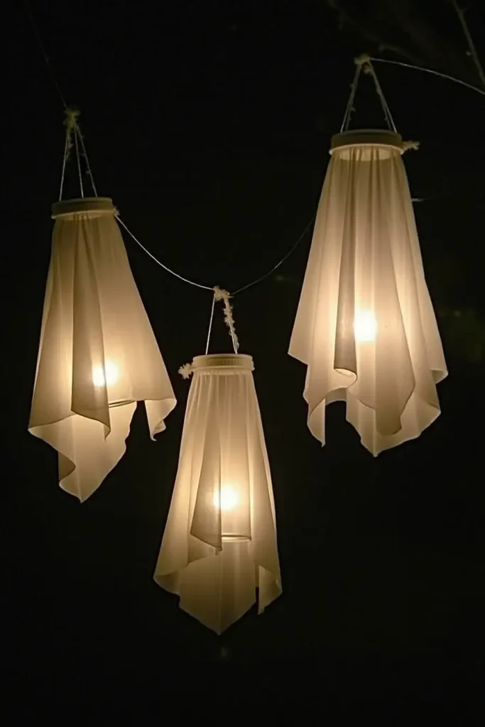 Floating cheesecloth ghost lanterns with glowing LEDs hanging from trees for mystical Halloween decor.