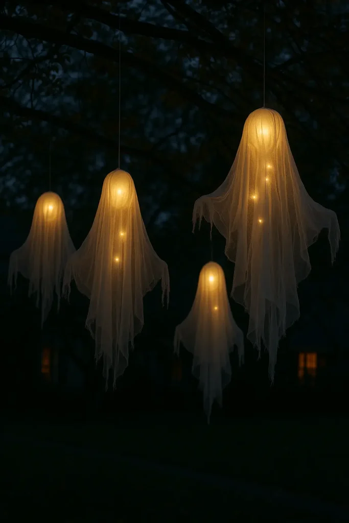 Floating glowing ghost figures made from sheets and lights swaying from trees at twilight.