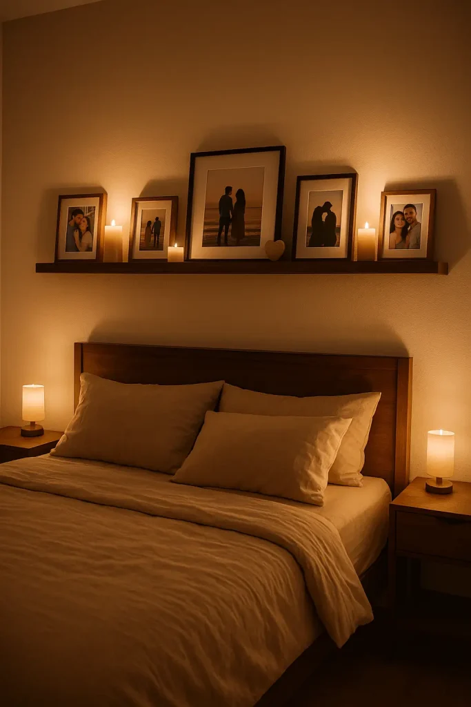 Floating shelves with photos and candles in a romantic bedroom, showcasing sentimental treasures.