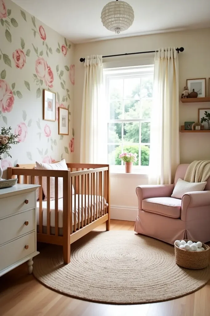 Boho nursery with pale peony floral accent wall, wooden crib, layered rugs, and blush accents.