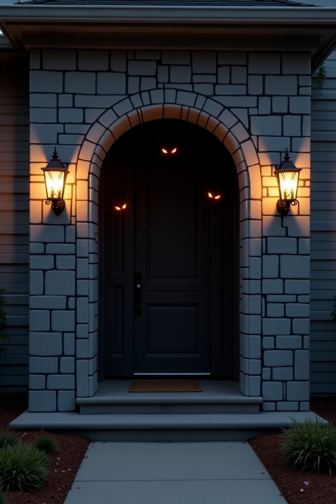 Cardboard arch painted like stone with flickering sconces and glowing eyes for a haunted entry.