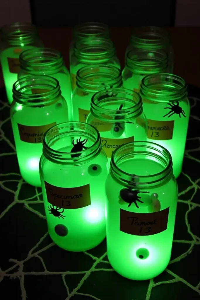 Cluster of jars with green water and rubber bugs for a creepy Halloween mad scientist centerpiece.