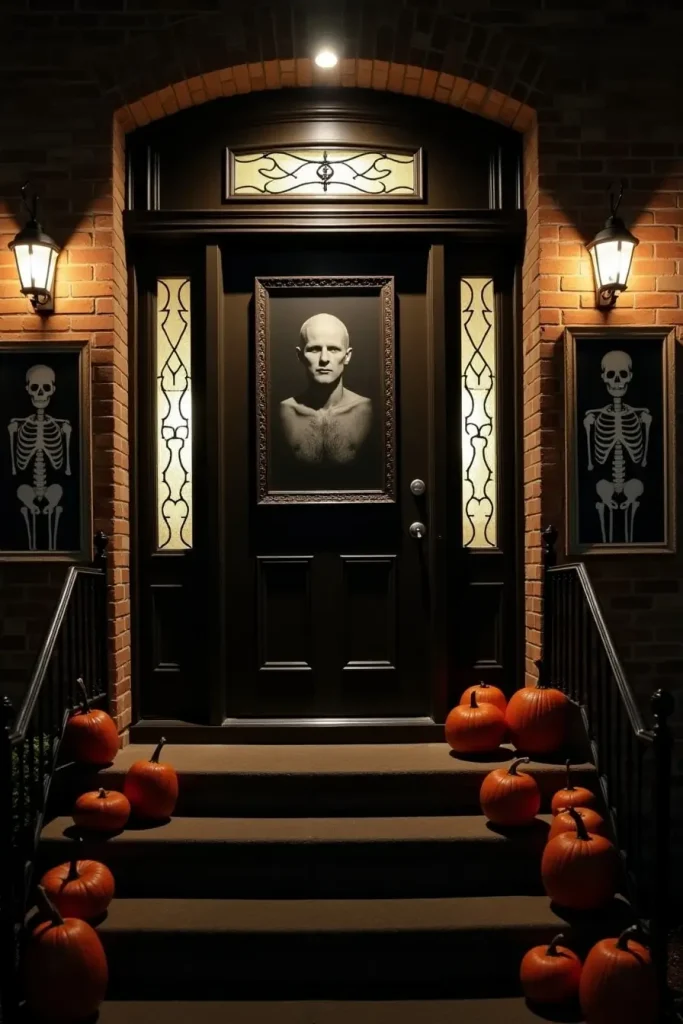 Vintage frames with spooky portraits and eerie side lighting by a Halloween front door.