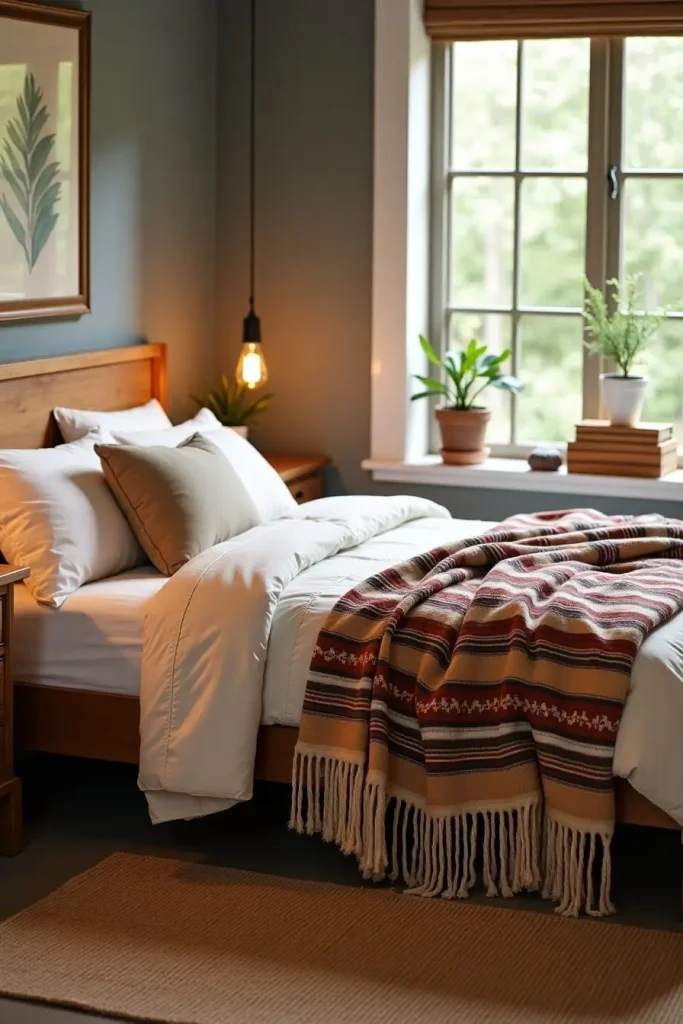 Western bedroom with fringed Southwestern blanket on neutral bedding, jute rug, and greenery outside window.