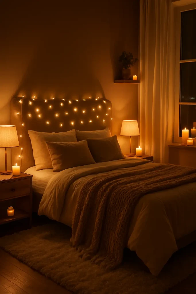 Bedroom with fairy lights over headboard, soft lamps, and candles creating a layered, cozy glow.