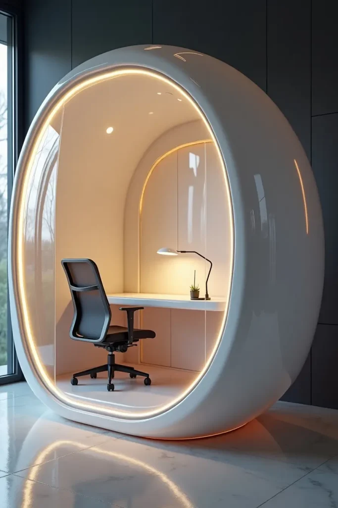 Futuristic pod workspace with glass panels, LED lighting, sleek desk, and modern ergonomic chair