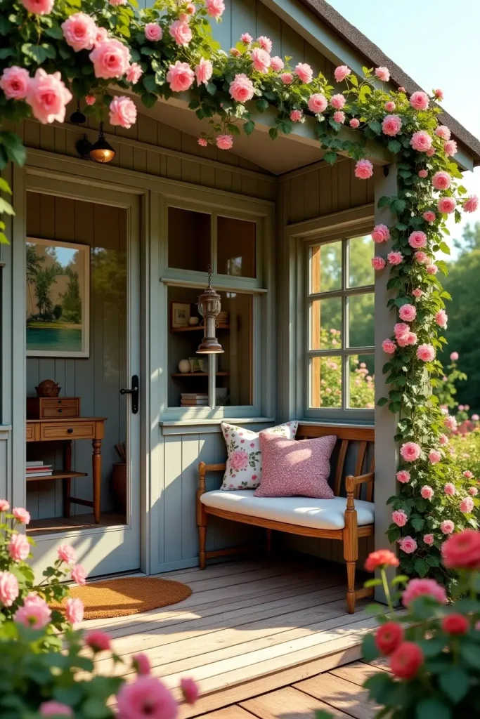 Garden office with climbing roses, floral cushions, wooden desk, and bird feeder outside the window.