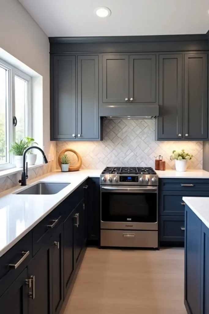 Muted geometric mosaic backsplash with soft tones and bold navy cabinets for a playful, balanced kitchen.