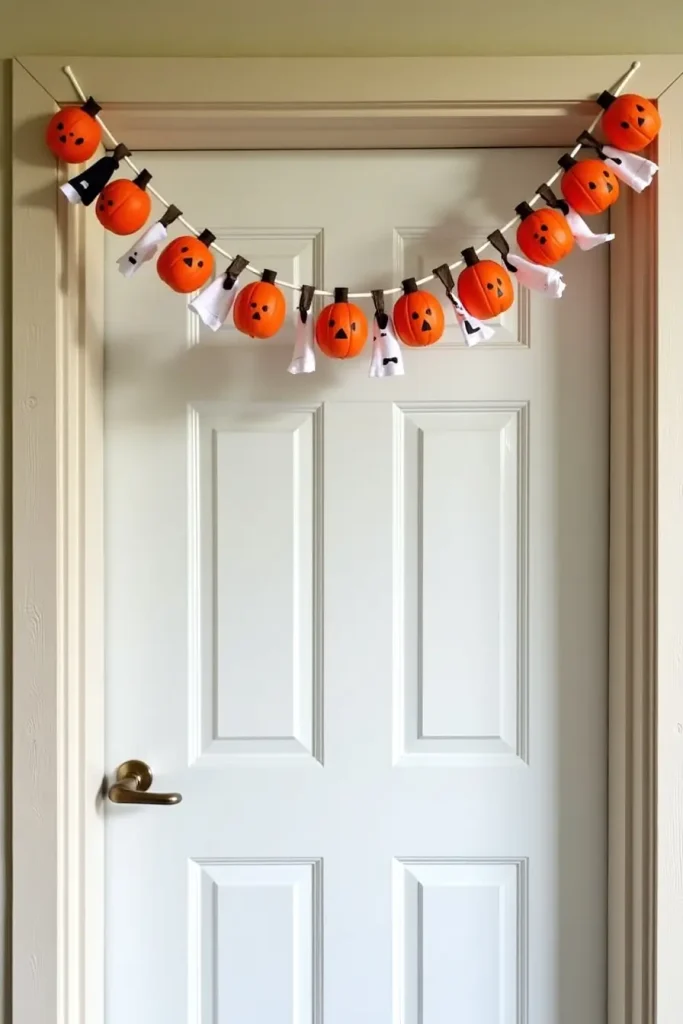 Garland of mini pumpkins and fabric ghosts strung across a doorframe for Halloween decor.