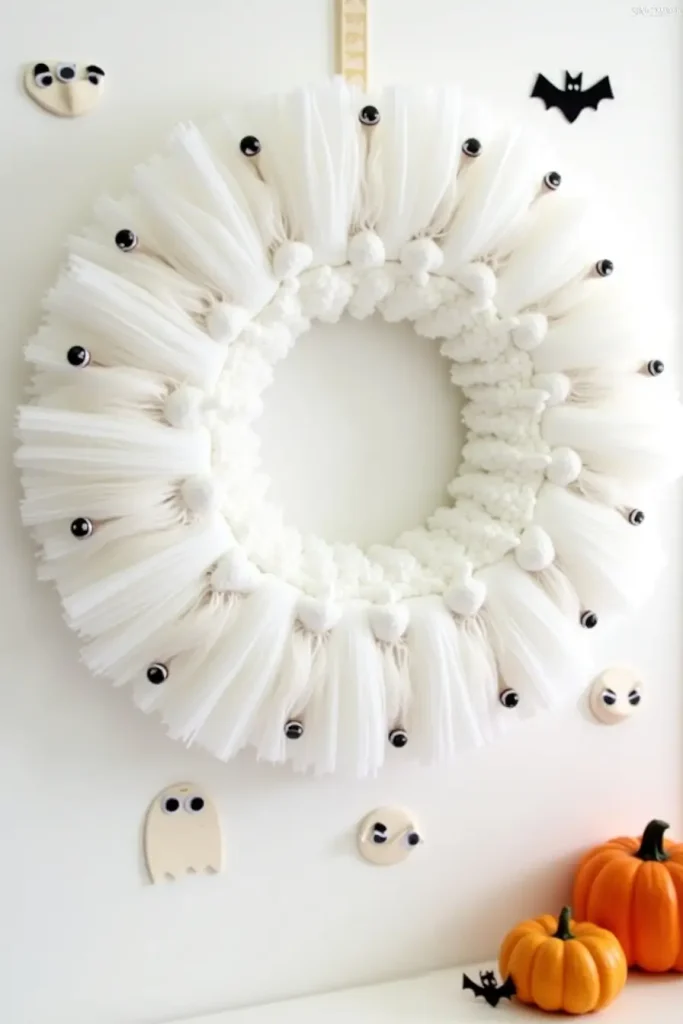 Playful Halloween tulle wreath with googly-eyed cheesecloth ghosts for family-friendly décor.