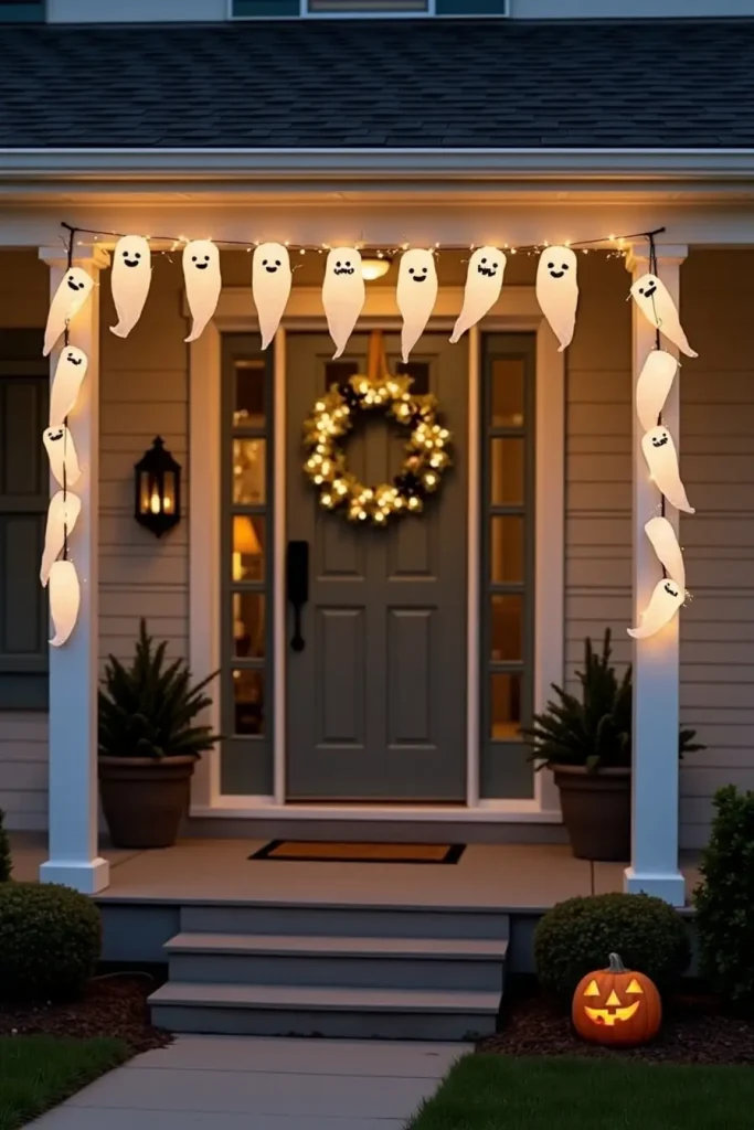 White fabric ghost garland sways across a doorframe, glowing softly with fairy lights for Halloween.