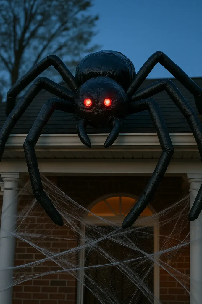 Giant DIY Halloween spider made from trash bags and pool noodles with glowing red eyes.
