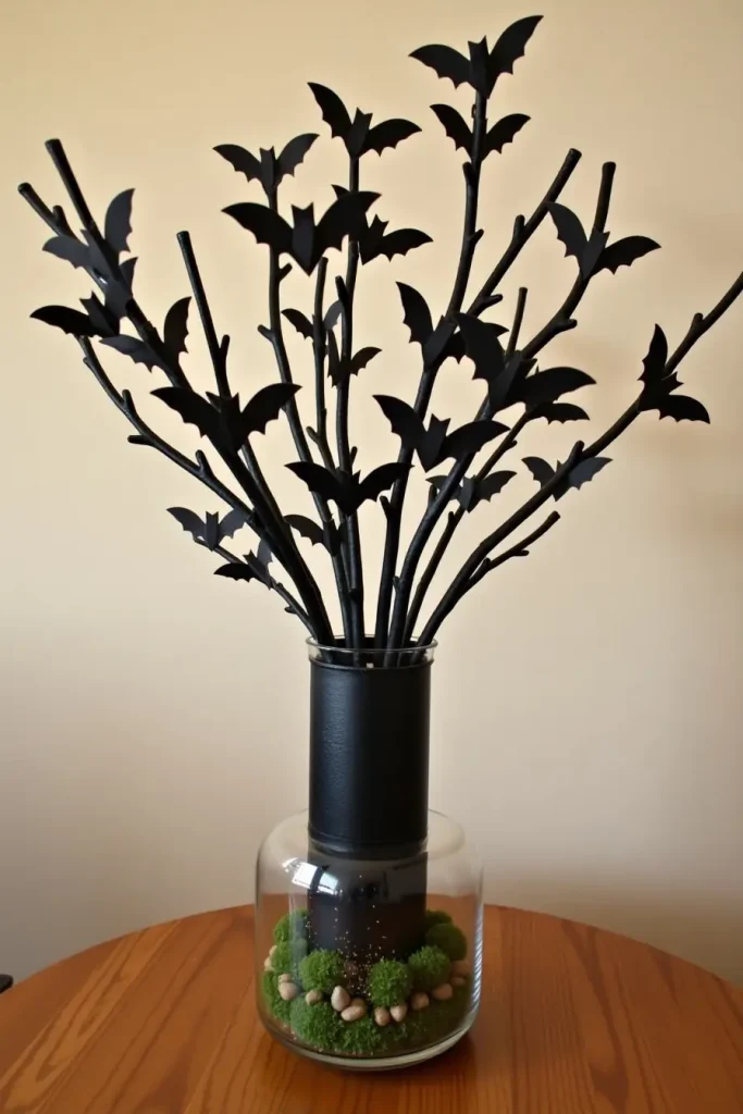 Glittery black branch centerpiece with hanging paper bats in a tall vase for Halloween table decor.