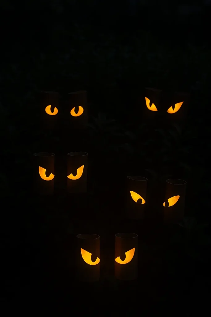Glowing DIY Halloween eyes in bushes made from toilet paper tubes with LED lights.