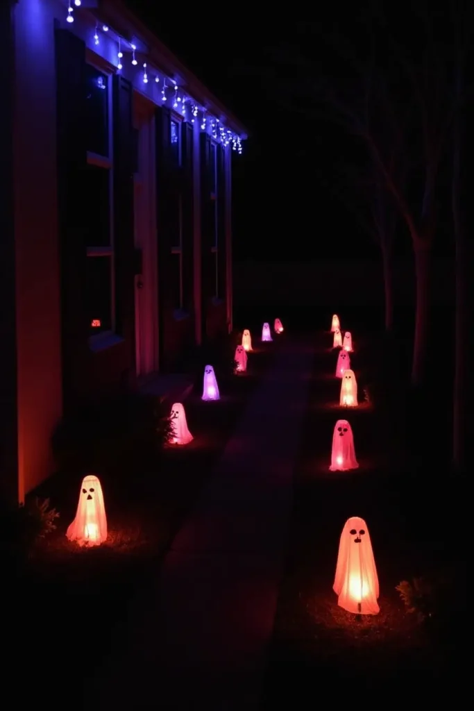 Halloween pathway lit with solar LEDs, string lights, and spooky shadows for a haunted glow.