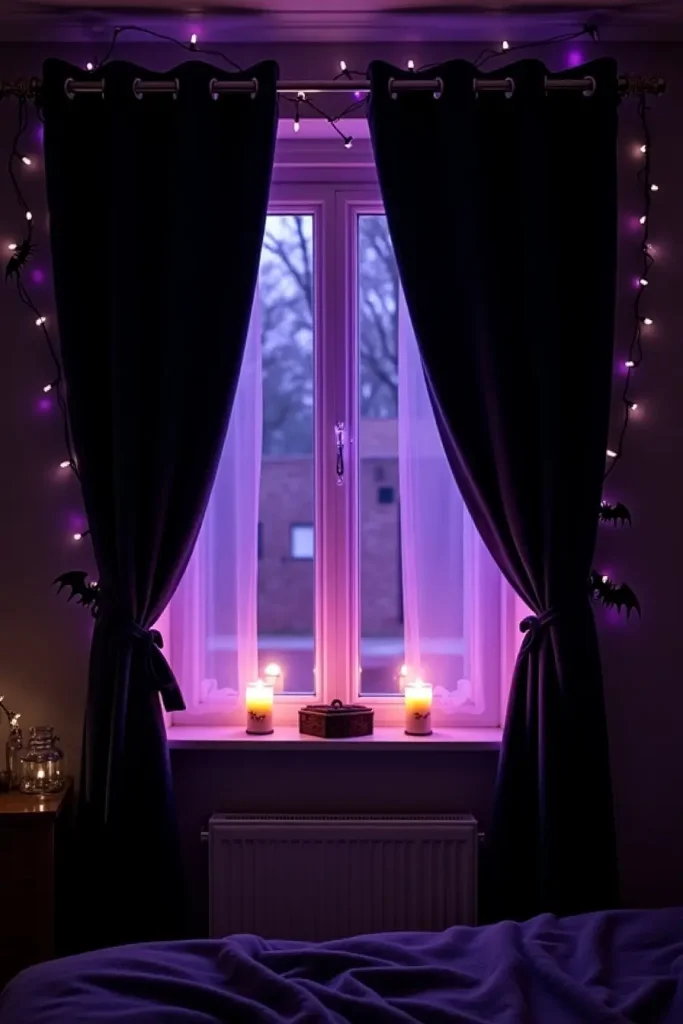 Deep purple velvet curtains with bat tiebacks create gothic Halloween drama in a cozy bedroom.