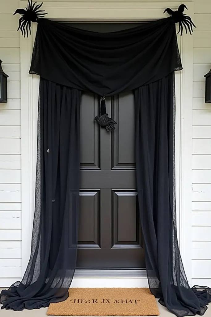 Front door with black lace drapes and raven accents for a gothic Halloween entry.