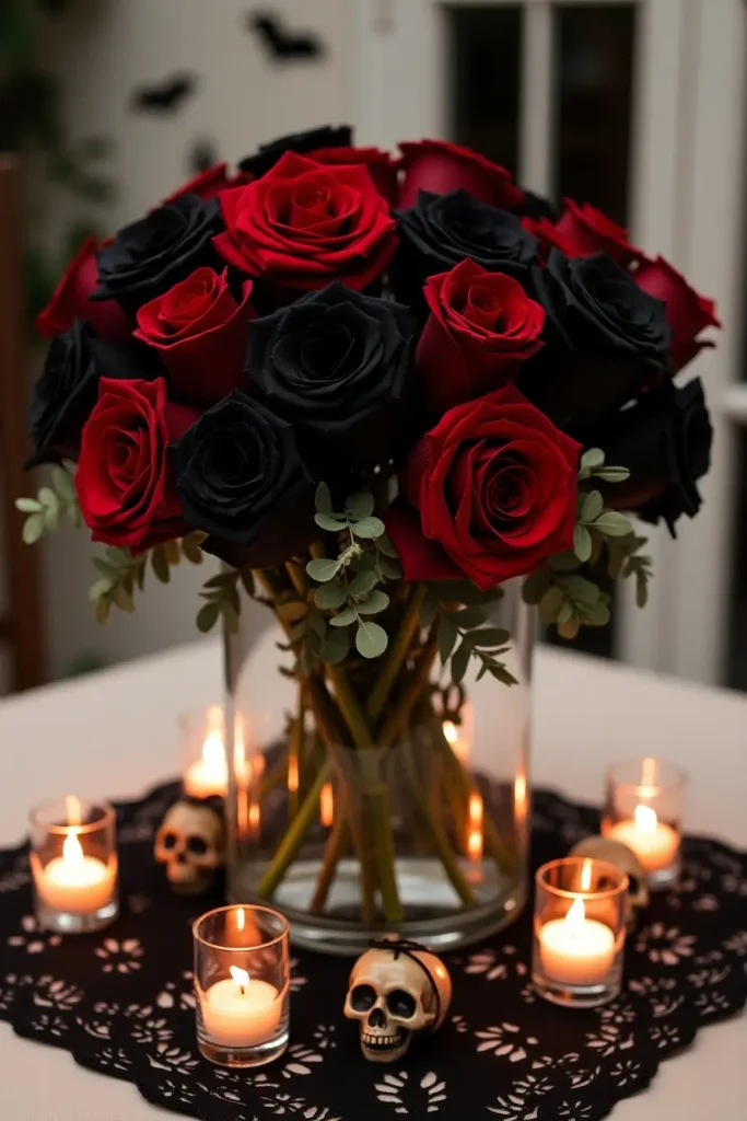 Gothic vase with black roses, faux skulls, and eucalyptus on a lace runner Halloween table.