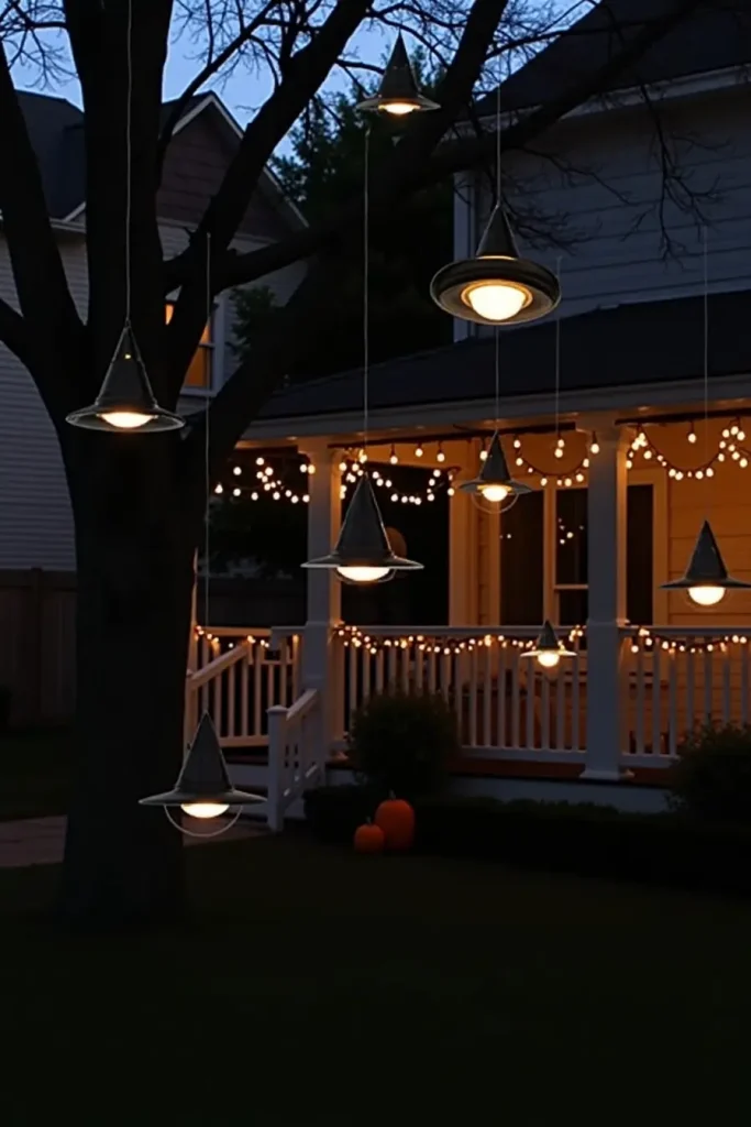 Glowing witch hats hang from trees on fishing line, floating magically in a Halloween yard.