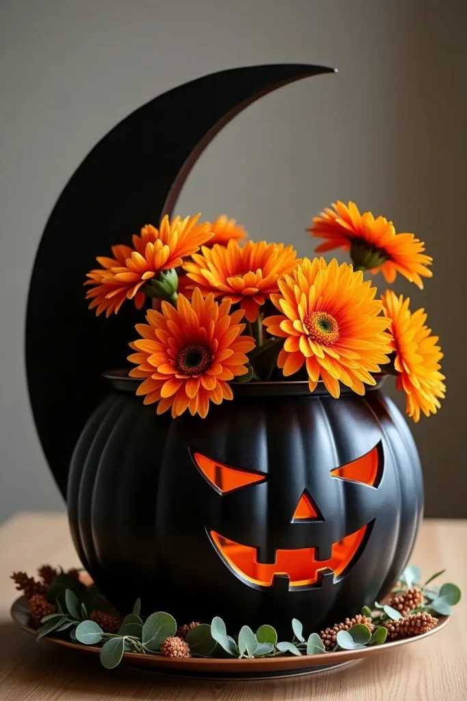 Black pumpkin carved with crescent moon, filled with orange flowers for bold autumn centerpiece.