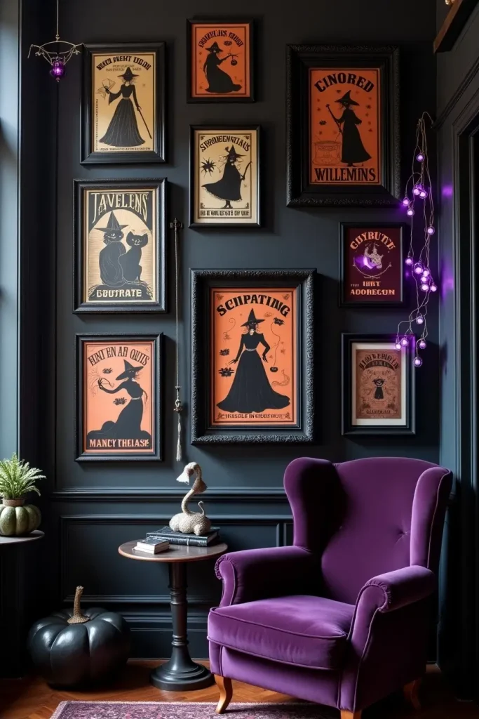 Vintage Halloween gallery wall with eerie prints, black frames, and glowing purple lights.