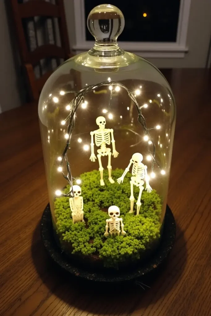 Glass cloche terrarium with moss, skeletons, and fairy lights for a spooky Halloween table.