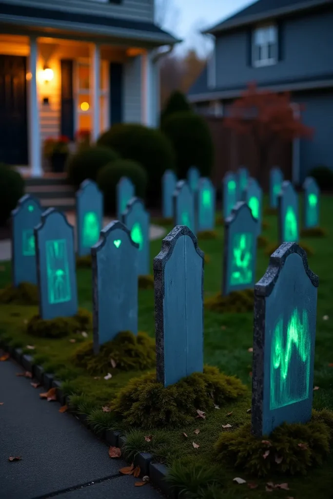 DIY cardboard tombstone graveyard glowing with solar lights and moss in a spooky Halloween yard.