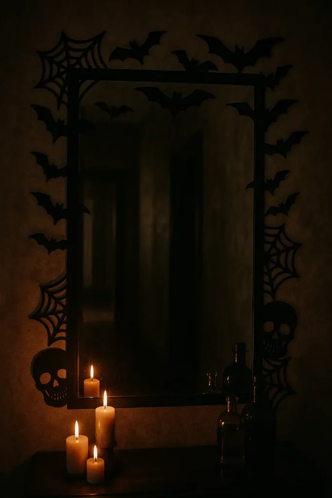 Haunted mirror with black tape frame, gothic cutouts, and candles for spooky Halloween decor.