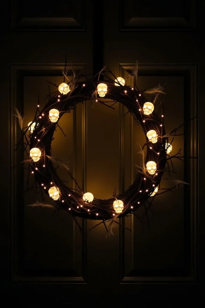 Haunted Halloween wreath with skulls and glowing LED lights on a dark front door.