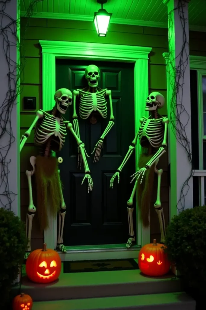 Skeleton zombies in howling poses surround a Halloween doorway with webs, pumpkins, and eerie lights.