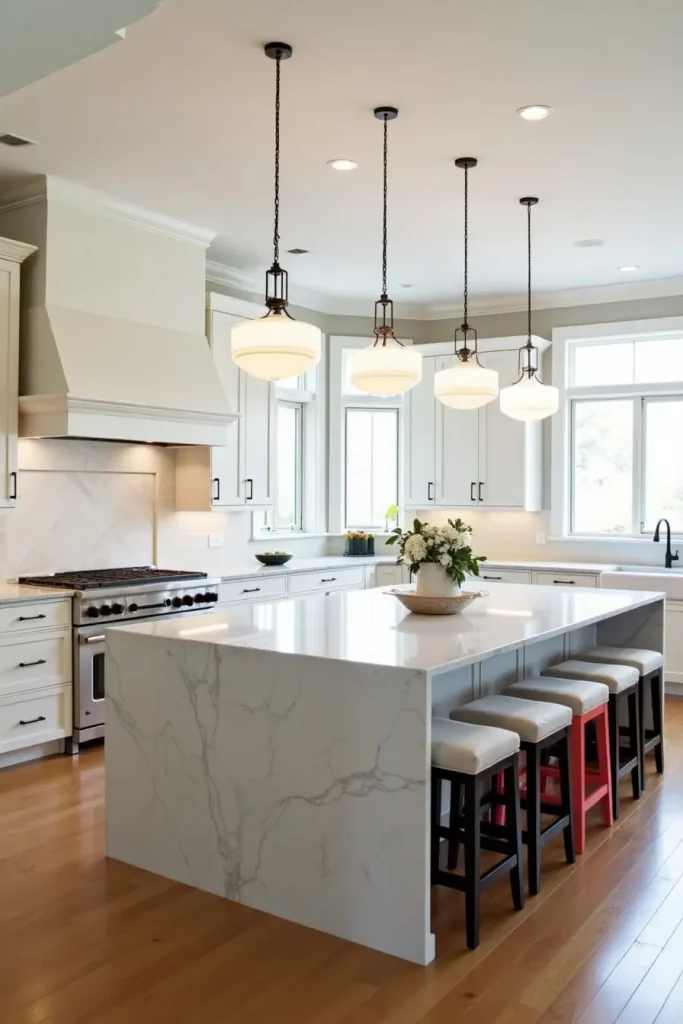 Large quartz kitchen island with seating for eight, pendant lighting, and bold stools for gatherings.
