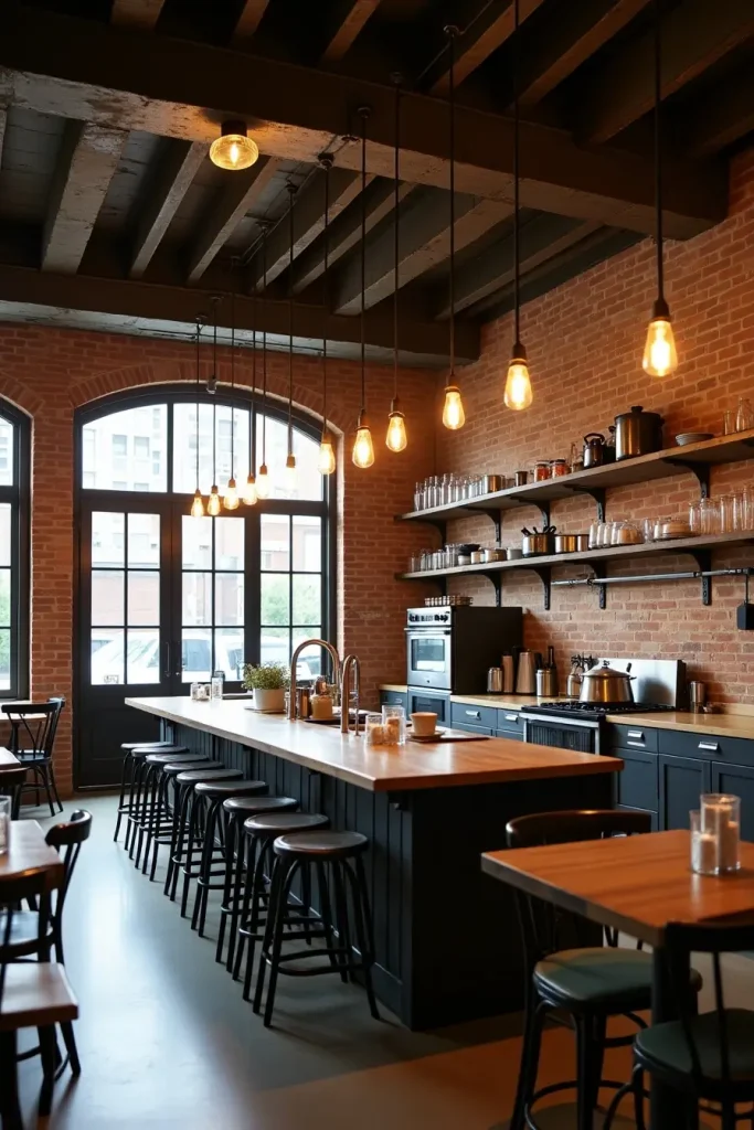 Industrial chic show kitchen with exposed brick, steel accents, and Edison bulb lighting for warmth.