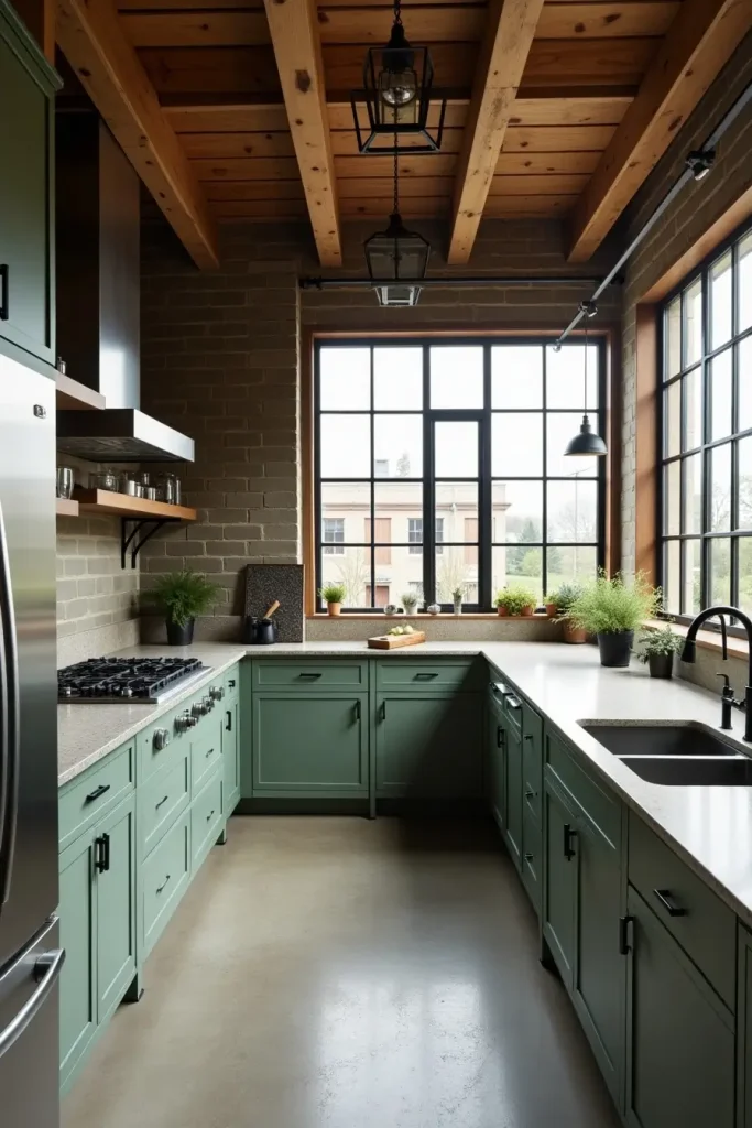 Industrial kitchen with sage cabinets, reclaimed beams, concrete counters, and black fixtures.