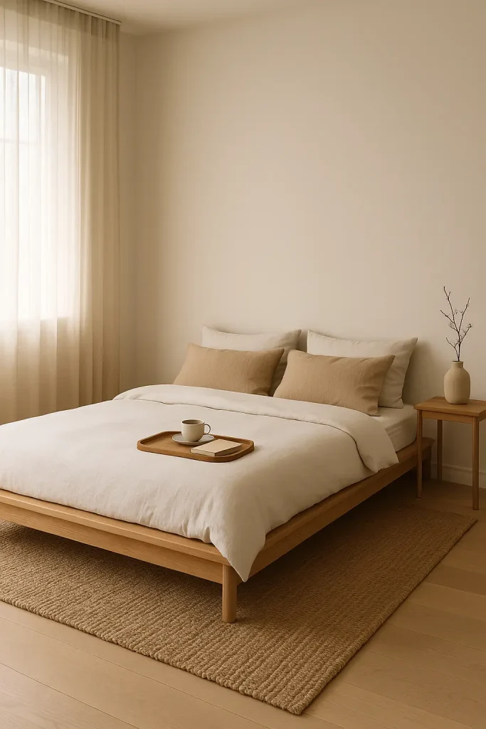 Japandi bedroom with low bed, jute rug, ceramic vase, and calming neutral tones and textures.