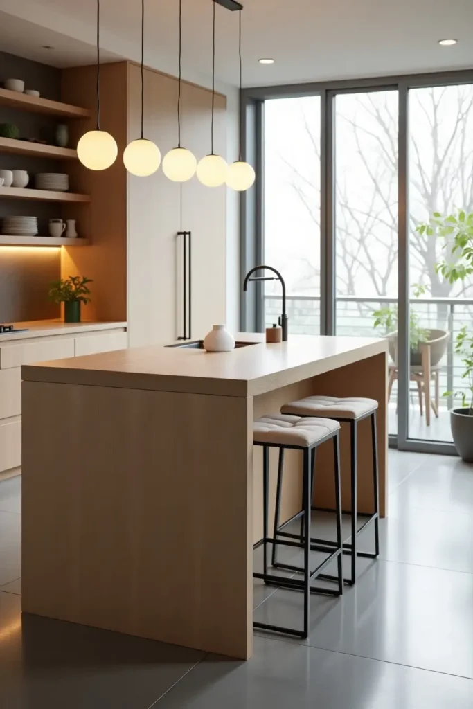 Light oak Japandi island with foldable leaf, open shelving, and soft pendant lighting for serene kitchens.