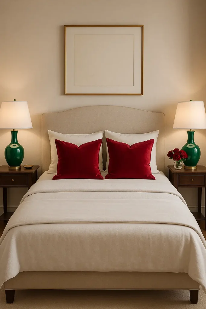 Romantic bedroom with emerald lamps and ruby pillows, jewel-tone accents adding passion and warmth.
