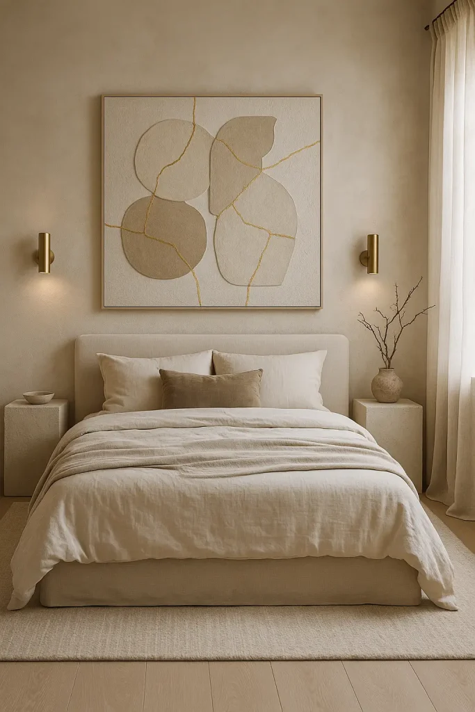 Bedroom with Kintsugi art above bed, linen bedding, soft rug, and gold-accented warm lighting.