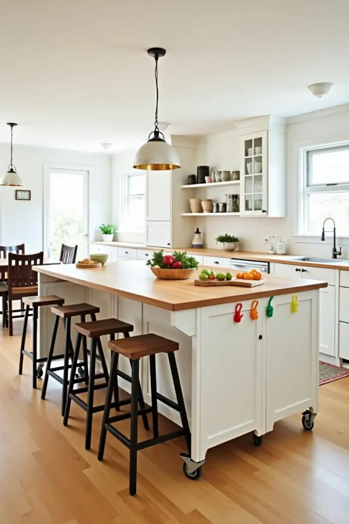 Mobile kitchen island with wheels, fold-out sides, wood top, seating for 6, and side hooks for tools.