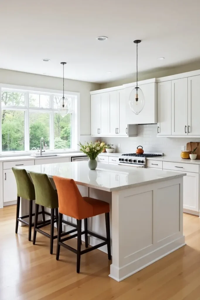 Modern kitchen with large island breakfast bar, quartz top, seating for 4, and bright stools with vase.