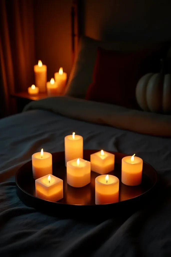 Warm LED candles on a tray glow softly, adding safe spooky ambiance to a Halloween bedroom.