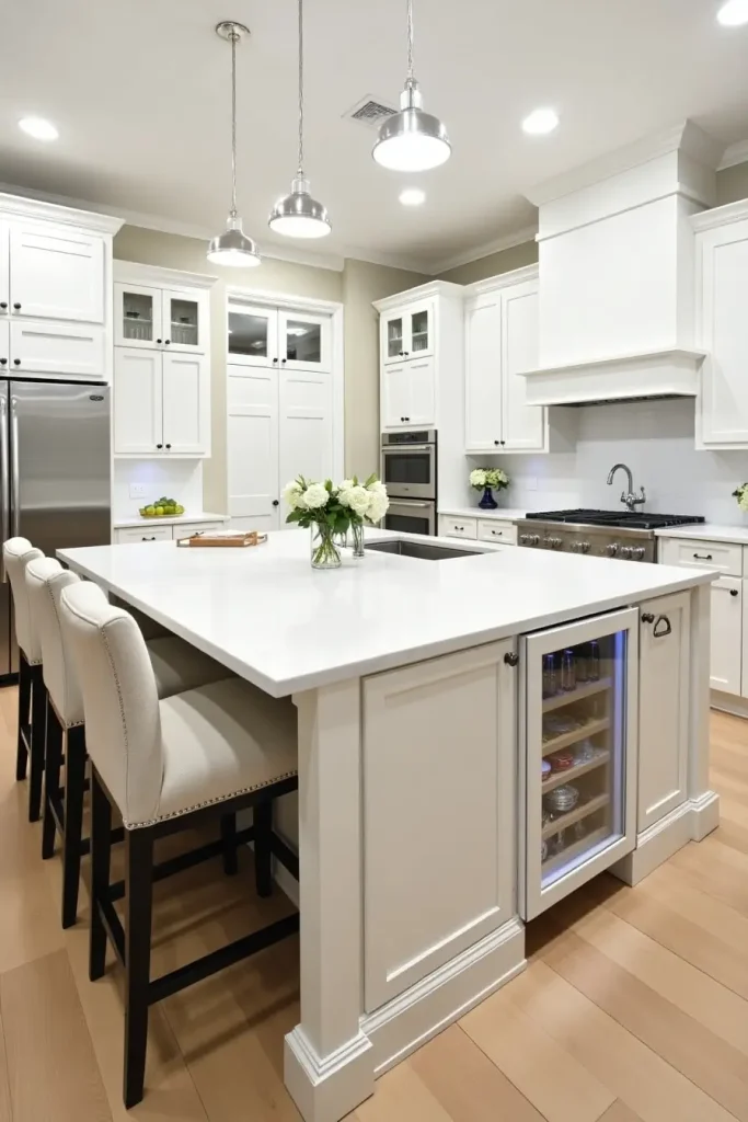 Large kitchen island with hidden cabinets, cooler, quartz top, and seating for 5 on covered stools.