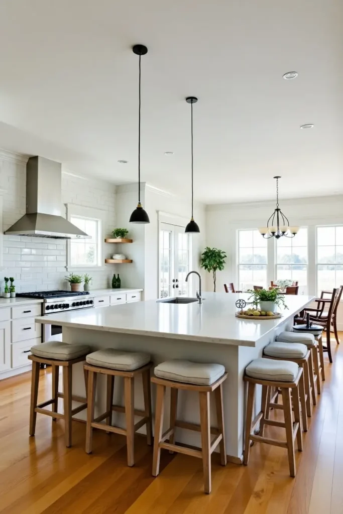 L-shaped kitchen island with quartz top, seating on 3 sides for 7, stovetop, and fresh plant accents.