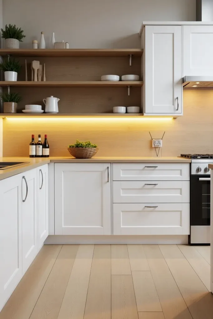 Modern kitchen with matte oak-look vinyl plank flooring, white cabinets, and warm ambient lighting.