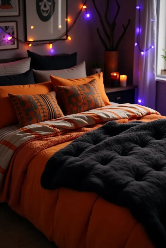 Layered Halloween bedding with orange quilts, black accents, and faux fur for cozy autumn charm.