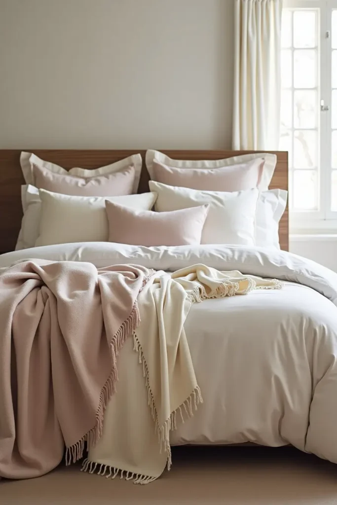 Romantic bed with layered linens, quilts, and throws in soft tones, creating a cozy, inviting look.