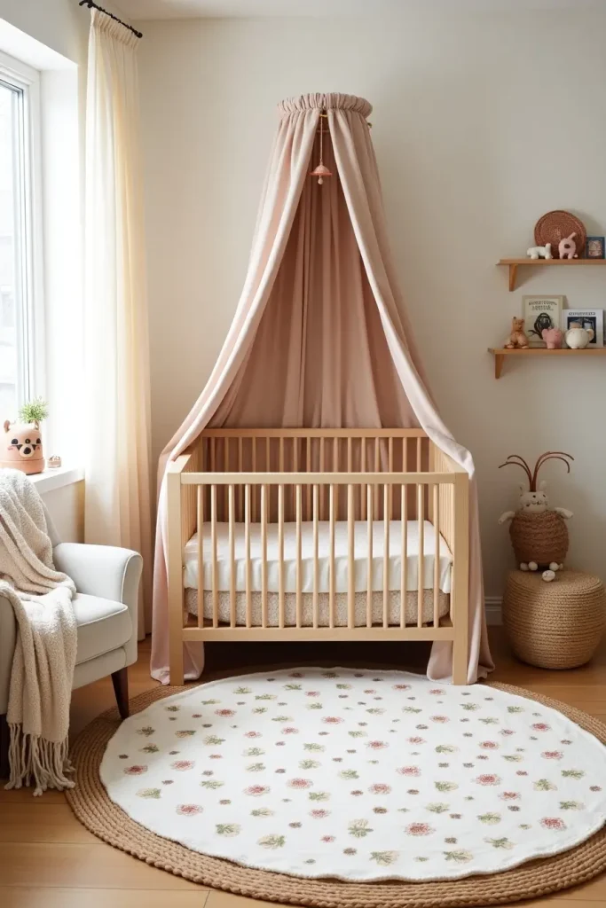 Boho nursery with layered rugs, muslin curtains, canopy crib, and cozy floral accents.