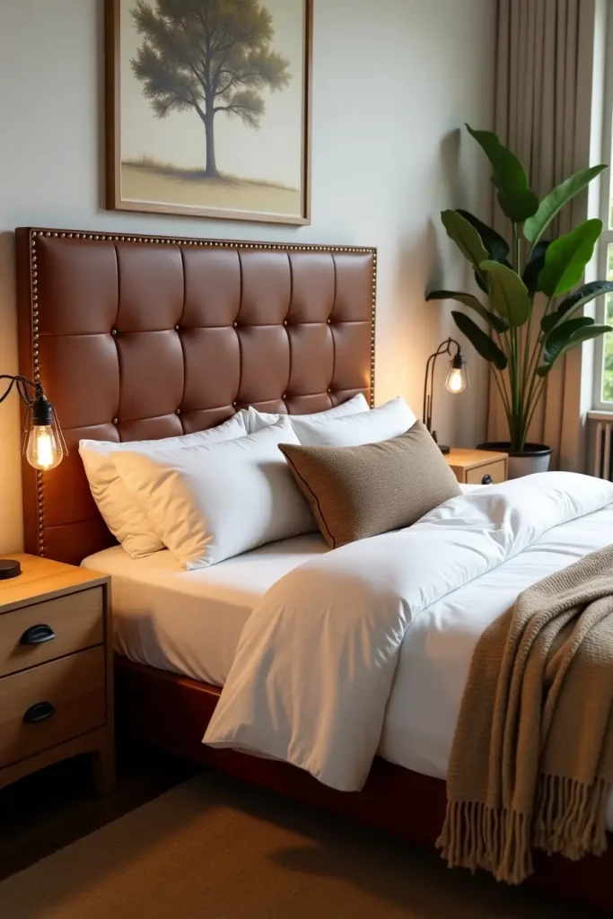 Western bedroom with brown leather headboard, white bedding, woven throw, and greenery outside