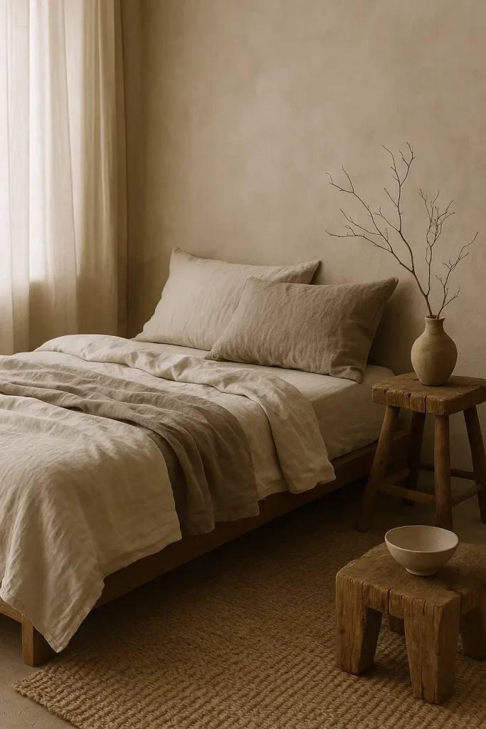 Wabi Sabi bedroom with layered linen bedding in soft neutrals, raw wood decor, and natural lighting.

